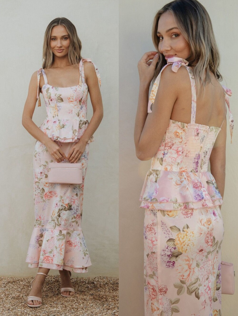 NWOT Show Me Your Mumu Pauline Peplum Dress in Powder Pink Blooms Taffeta